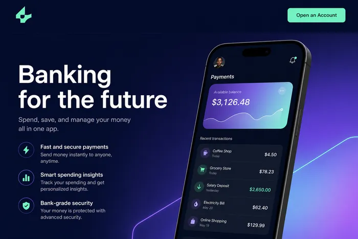 Payments app concept, Fintech · App landing